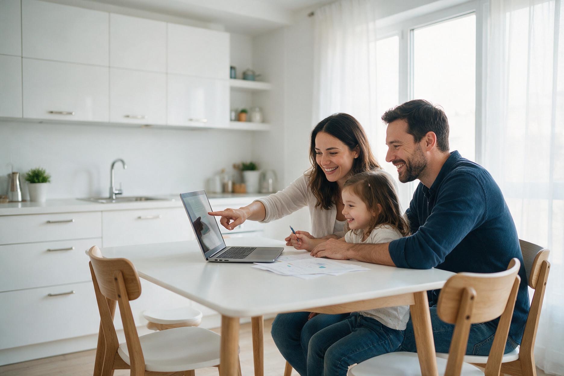 Família planejando o financiamento da casa própria com o simulador no notebook